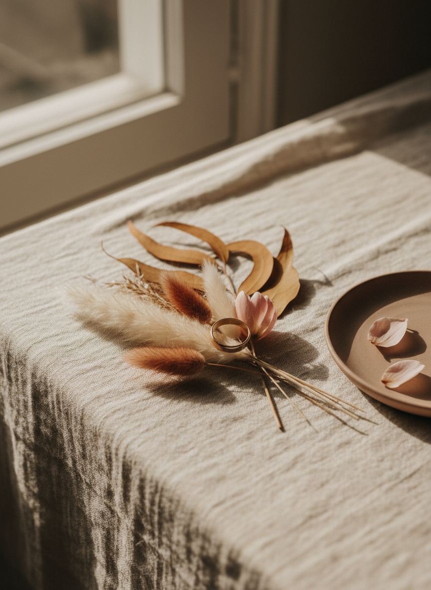Dried florals in warm ochre and blush with a simple gold ring on natural linen